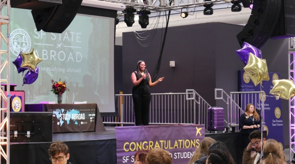 picture of a stage with a women on it